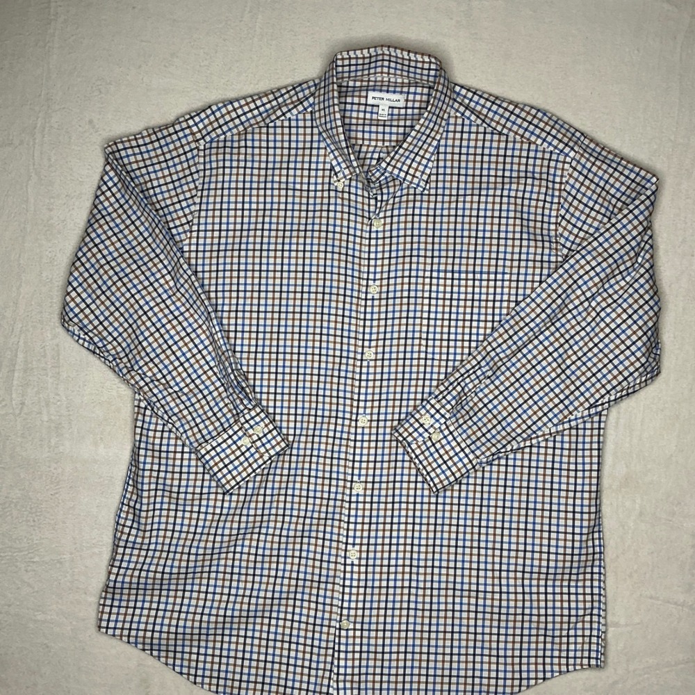 Peter Millar Mens XL Long Sleeve Button‎ Down Shirt Blue Brown Check Stretch XL
